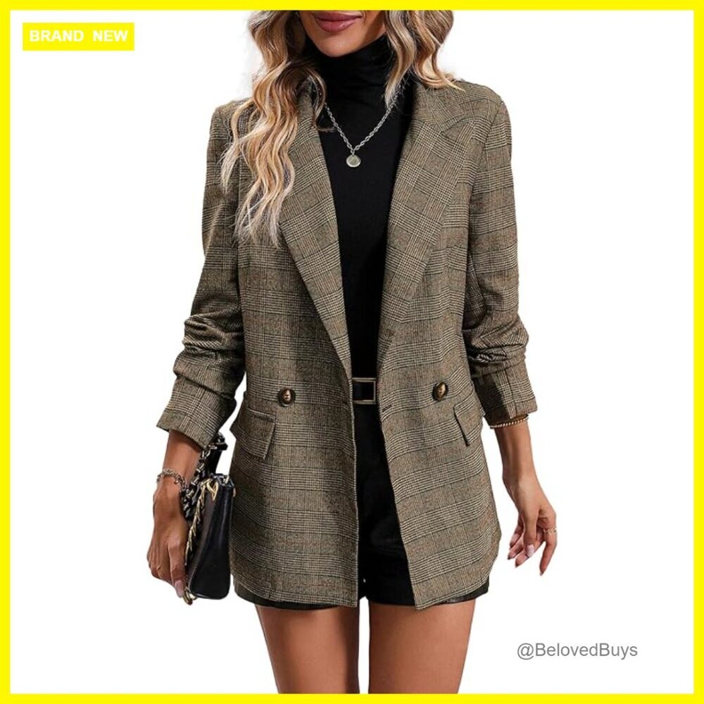 Women's Plaid Houndstooth Blazer Fully Lined Button Lapel Work Office Jacket
